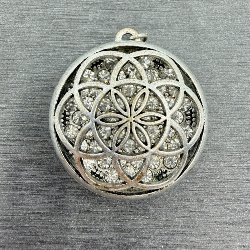 Silver Tone Rhinestone Flower of Life Pendant Sacred Geometry Statement Gift